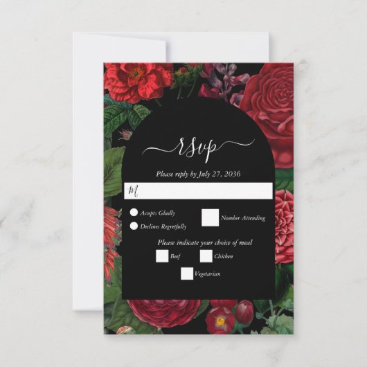 Moody Florals Black Arch Burgundy Red Wedding RSVP Kaartje (Voorkant)