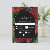 Moody Florals Black Arch Burgundy Red Wedding RSVP Kaartje (Staand voorkant)