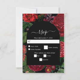 Moody Florals Black Arch Burgundy Red Wedding RSVP Kaartje