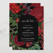 Moody Florals Black Arch Burgundy Red Wedding Save The Date (Voorkant / Achterkant)