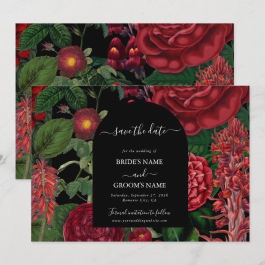 Moody Florals Black Arch Burgundy Red Wedding Save The Date (Voorkant / Achterkant)
