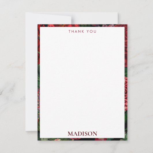 Moody Florals Black & Burgundy  Monogram Bedankkaart (Voorkant)