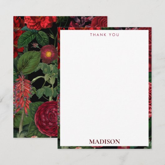 Moody Florals Black & Burgundy Monogram Bedankkaart (Voorkant / Achterkant)