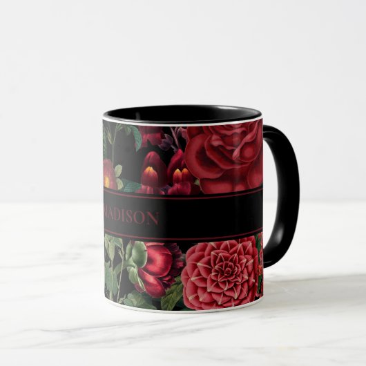 Moody Florals Black & Burgundy  Monogram Mok (Voorkant rechts)