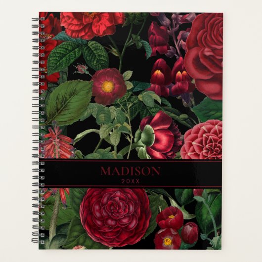 Moody Florals Black & Burgundy  Monogram Planner (Voorkant)