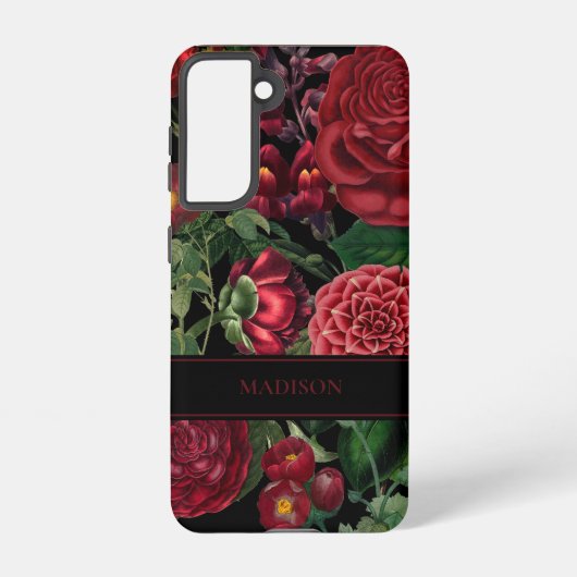 Moody Florals Black & Burgundy  Monogram Samsung Galaxy Hoesje (Achterkant)