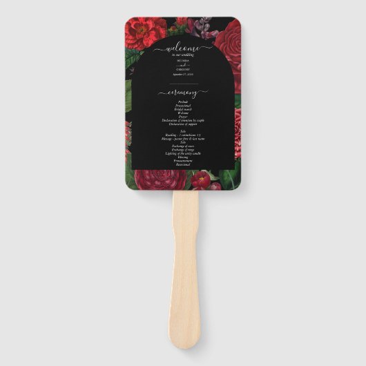 Moody Florals Black Burgundy Wedding Programme Handwaaier (Voorkant)