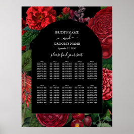 Moody Florals Black Burgundy Wedding Seating Chart Poster