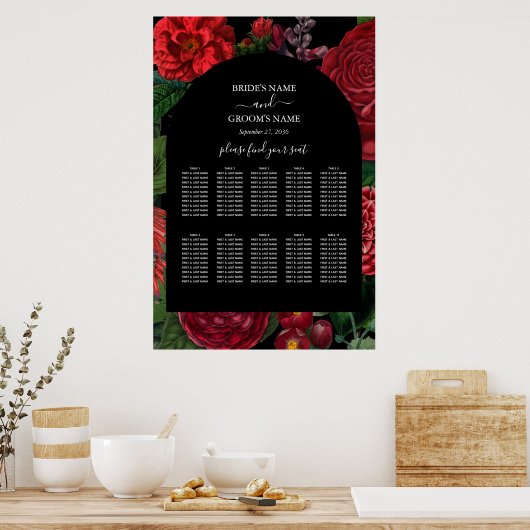 Moody Florals Black Burgundy Wedding Seating Chart Poster (Keuken)