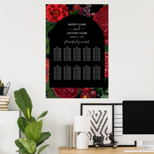 Moody Florals Black Burgundy Wedding Seating Chart Poster (Thuiskantoor)