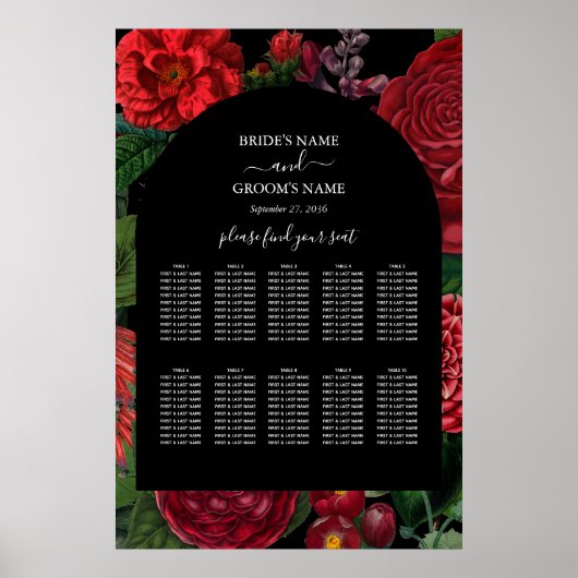 Moody Florals Black Burgundy Wedding Seating Chart Poster (Voorkant)