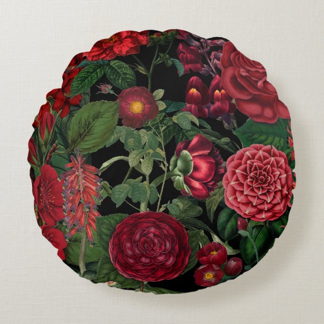 Moody Florals Black en Burgundy  Rond Kussen (Voorkant)