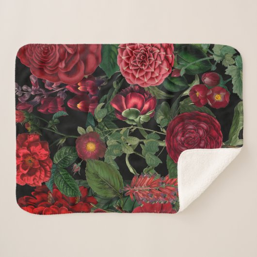 Moody Florals Black en Burgundy  Sherpa Deken (Voorkant (horizontaal))