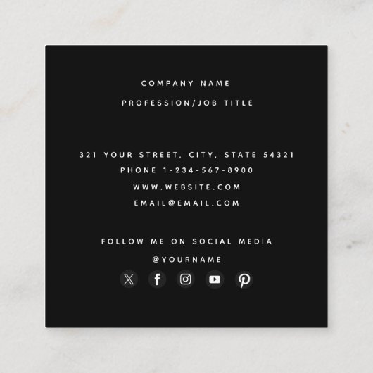 Moody Florals Black Social Media Icons Vierkante Visitekaartje (Achterkant)