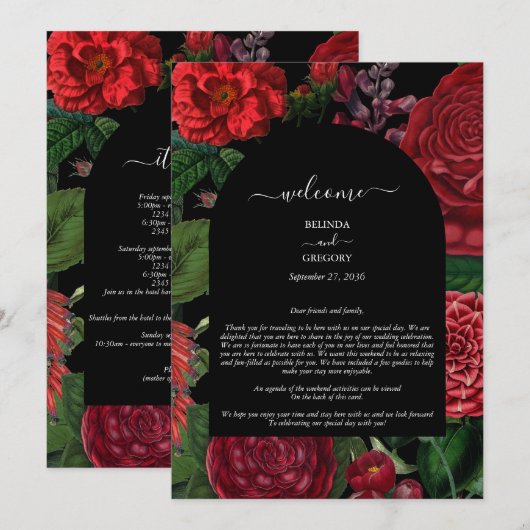 Moody Florals Burgundy Wedding Itinerary Programme Programmakaart (Voorkant / Achterkant)
