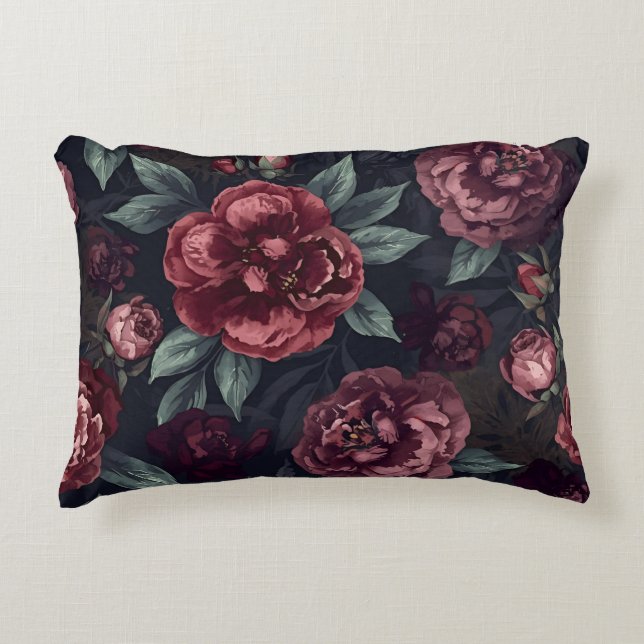 Moody Florals Watercolor Dark Red Pattern Accent Kussen (Voorkant)