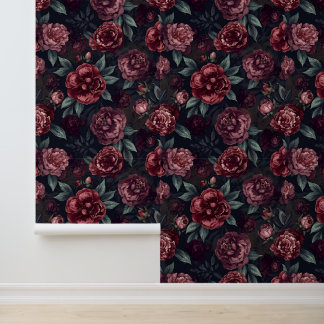 Moody Florals Watercolor Dark Red Pattern Behang
