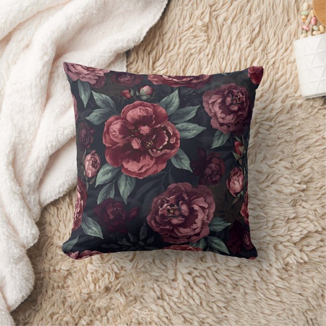 Moody Florals Watercolor Dark Red Pattern Kussen (Deken)
