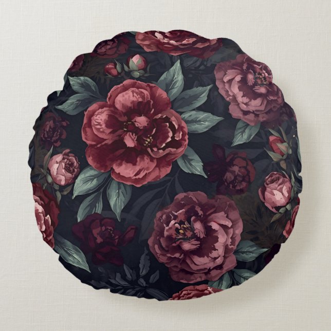 Moody Florals Watercolor Dark Red Pattern Rond Kussen (Voorkant)