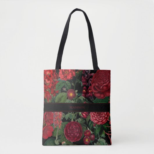 Moody Florals Zwart & Bourgondië Monogram Tote Bag (Voorkant)