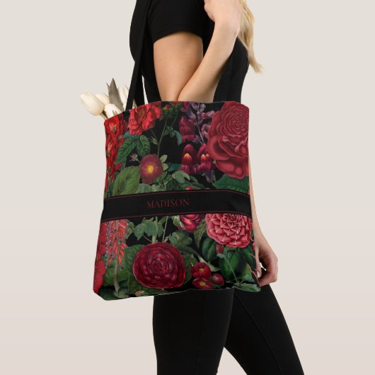 Moody Florals Zwart & Bourgondië Monogram Tote Bag (Dichtbij)