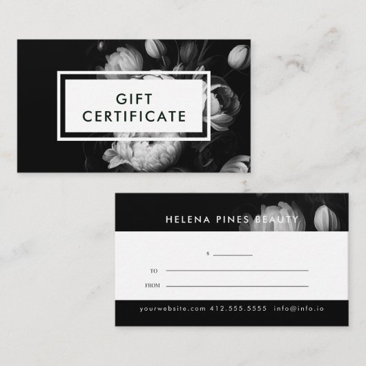 Moody Flowers Black and White Cadeat Certificate Visitekaartje (Voorkant / Achterkant)