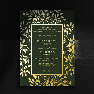 Moody Forest Botanical Gold Modern Classic Wedding Folie Uitnodiging