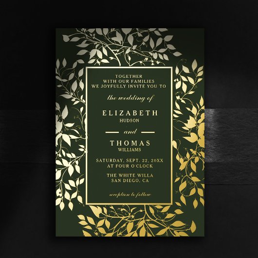 Moody Forest Botanical Gold Modern Classic Wedding Folie Uitnodiging