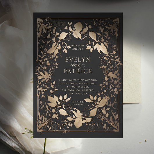 Moody Forest Botanical Modern Classic Gold Wedding Kaart