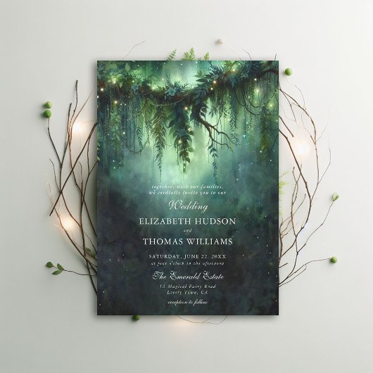 Moody Forest Greenery Enchanted Fairy Dark Wedding Kaart