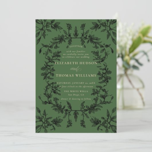 Moody Forest Moss Botanical Modern Classic Wedding Kaart (Staand voorkant)