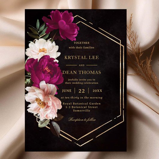 Moody Fuchsia Roze Blush Bloemenpioenen Huwelijk Kaart