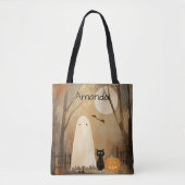 Moody Ghost & Black Cat  Halloween Tote Bag (Voorkant)
