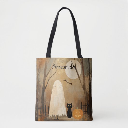 Moody Ghost & Black Cat Halloween Tote Bag (Voorkant)