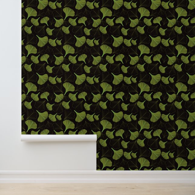 Moody Gingko Zwart Bloemen Patroon Behang (Applicatie)