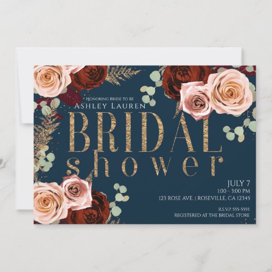 Moody Glam Donkerblauw Goud Roze Rozen Vrijgezelle Kaart (Voorkant)