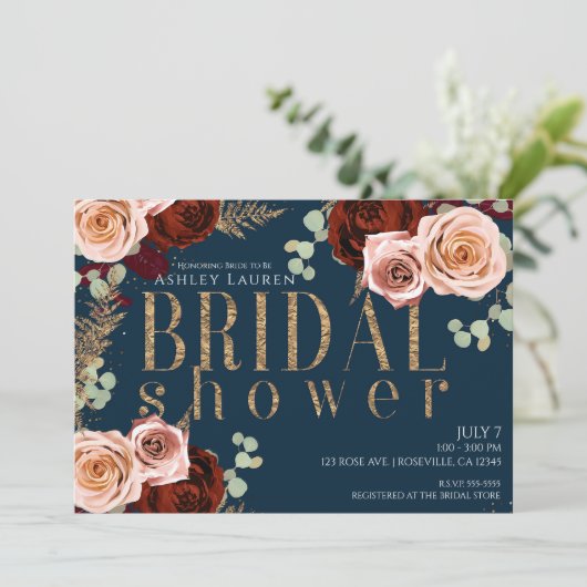 Moody Glam Donkerblauw Goud Roze Rozen Vrijgezelle Kaart (Staand voorkant)