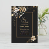 Moody Gold Bloemen Zwart Trouwen Save The Date (Staand voorkant)