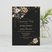 Moody Gold Floral Black Engagement Party Kaart (Staand voorkant)