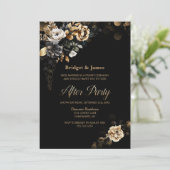 Moody Gold Floral Black Wedding After Party Kaart (Staand voorkant)