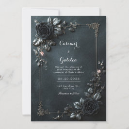 Moody Gothic Black Rose Floral Frame Wedding Kaart