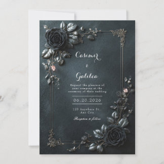Moody Gothic Black Rose Floral Frame Wedding Kaart