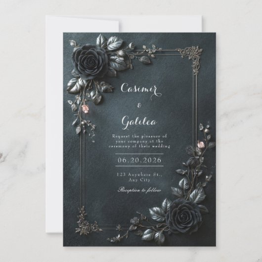 Moody Gothic Black Rose Floral Frame Wedding Kaart (Voorkant)