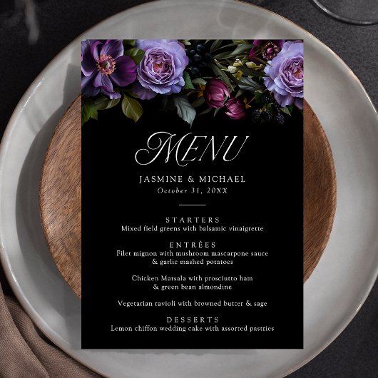Moody Gothic Bloemen Bruiloft Menu