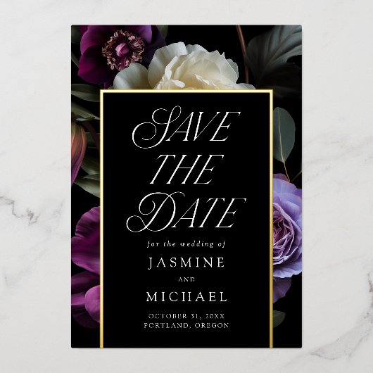 Moody Gothic Bloemen Folie Save the Date Kaart (Voorkant)