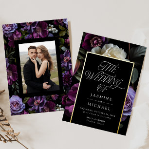 Moody Gothic Bloemen Foto Bruiloft Folie Uitnodiging