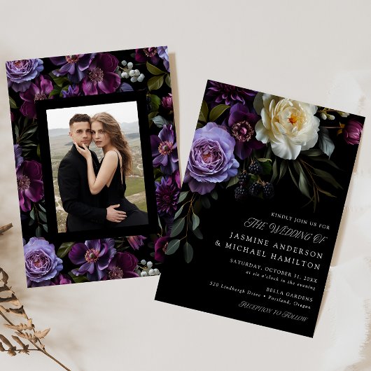 Moody Gothic Bloemen Foto Bruiloft Kaart