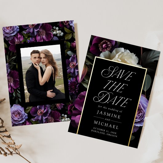 Moody Gothic Bloemen Foto Folie Save the Date Kaar Folie Uitnodiging