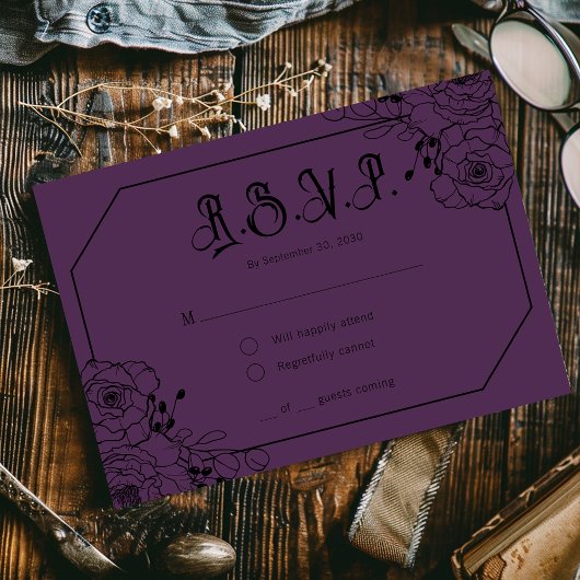 Moody Gothic Bloemen Huwelijk Paarse RSVP Kaarten