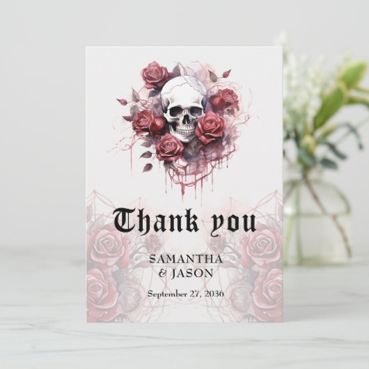 Moody Gothic Bloemen Schedel Halloween Bruiloft Bedankkaart (Staand voorkant)